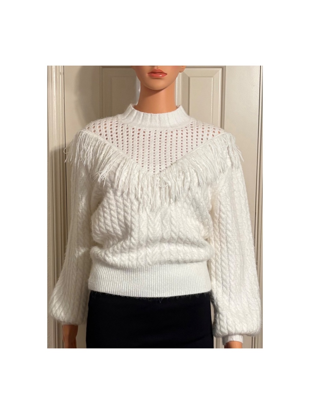 Lulu's White Fringe Cable & Open-Knit Crew Sweater